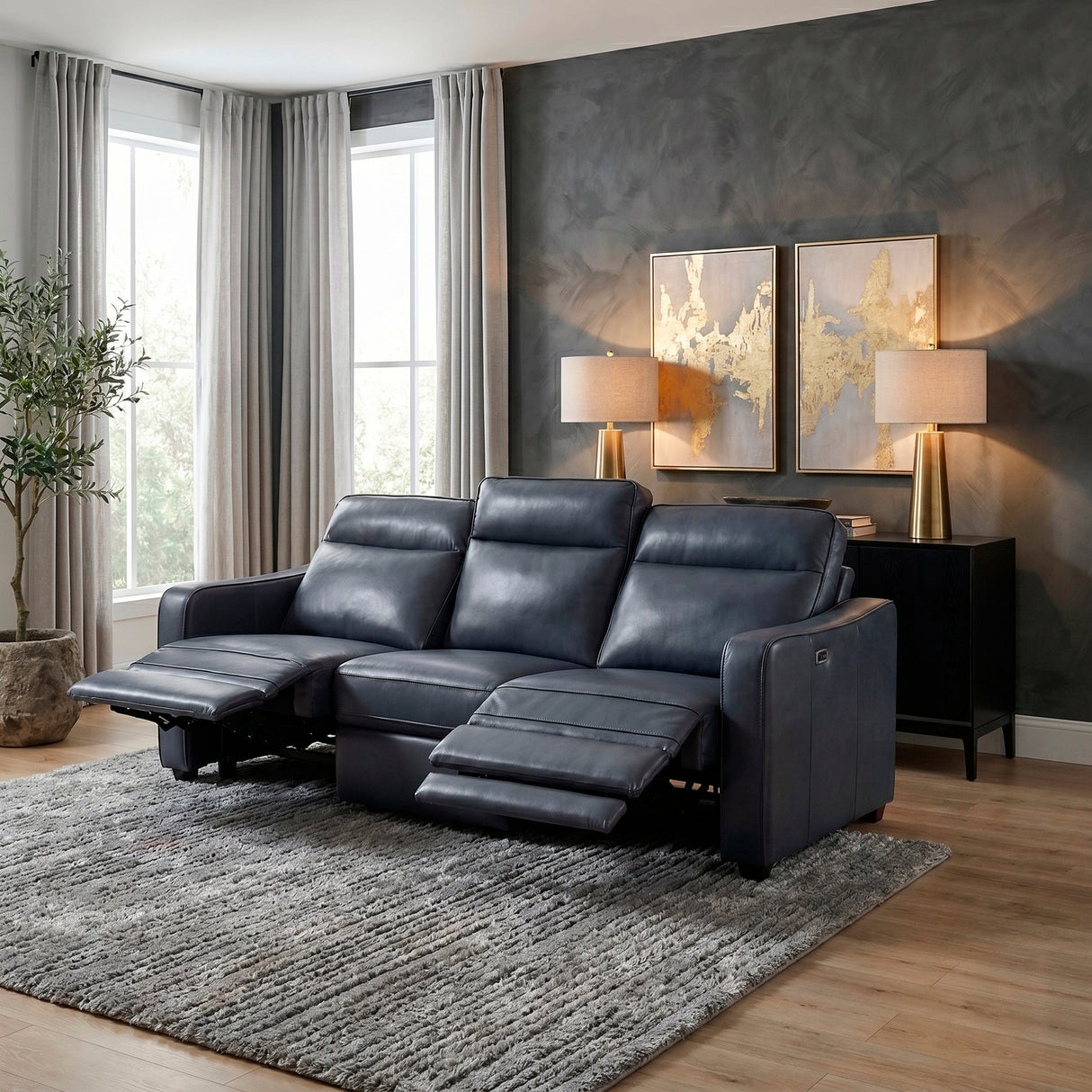 Equinox Navy Power Double Reclining Sofa with Curved Track Arms by Homelegance at Eve Furniture