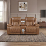 Huron Brown Power Double Reclining Loveseat with Center Console, Wireless Speakers, LED and Charging Ports by Homelegance at Eve Furniture