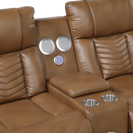 Huron Brown Power Double Reclining Loveseat with Center Console, Wireless Speakers, LED and Charging Ports by Homelegance at Eve Furniture