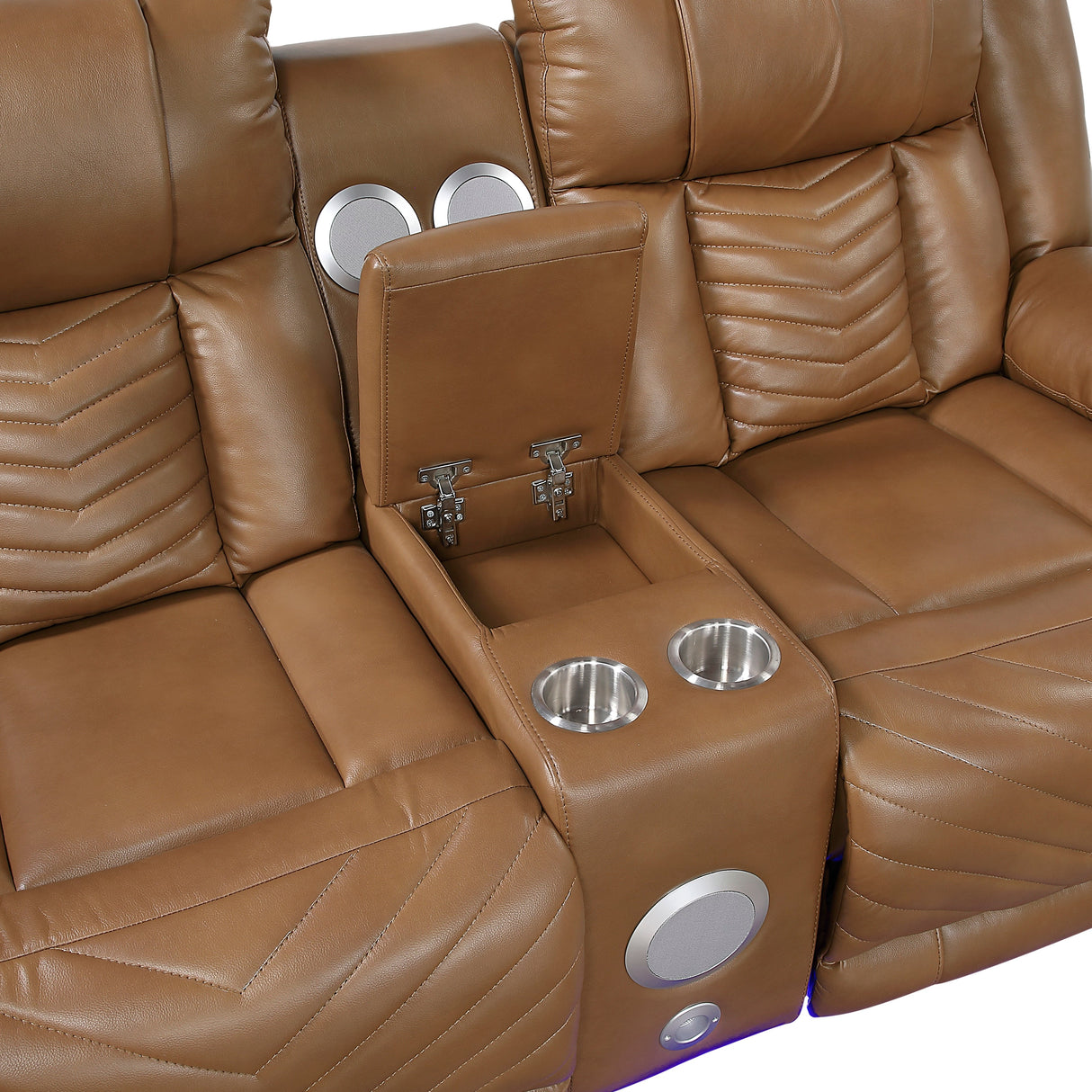 Huron Brown Power Double Reclining Loveseat with Center Console, Wireless Speakers, LED and Charging Ports by Homelegance at Eve Furniture