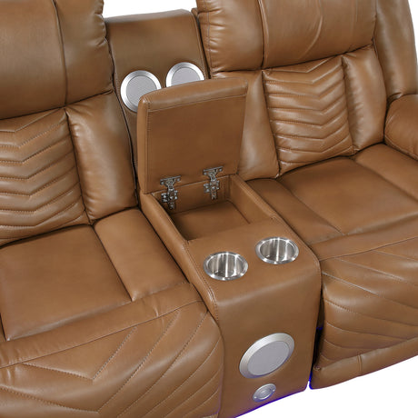 Huron Brown Power Double Reclining Loveseat with Center Console, Wireless Speakers, LED and Charging Ports by Homelegance at Eve Furniture