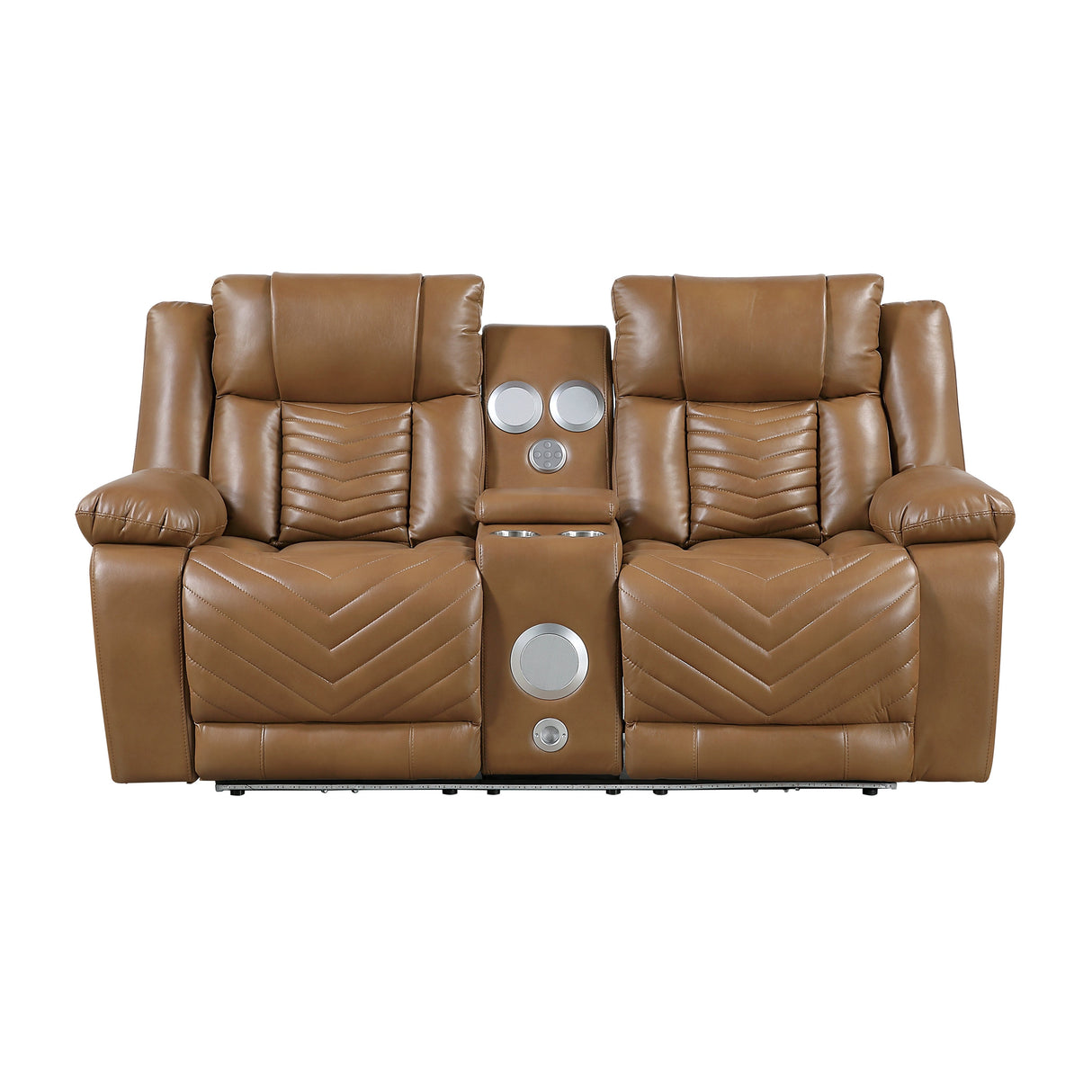 Huron Brown Power Double Reclining Loveseat with Center Console, Wireless Speakers, LED and Charging Ports by Homelegance at Eve Furniture