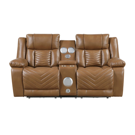 Huron Brown Power Double Reclining Loveseat with Center Console, Wireless Speakers, LED and Charging Ports by Homelegance at Eve Furniture