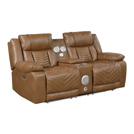 Huron Brown Power Double Reclining Loveseat with Center Console, Wireless Speakers, LED and Charging Ports by Homelegance at Eve Furniture