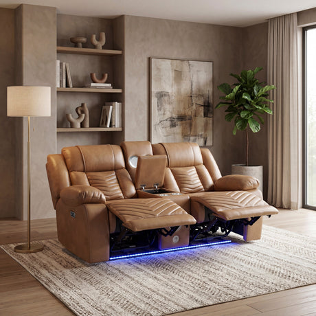 Huron Brown Power Double Reclining Loveseat with Center Console, Wireless Speakers, LED and Charging Ports by Homelegance at Eve Furniture