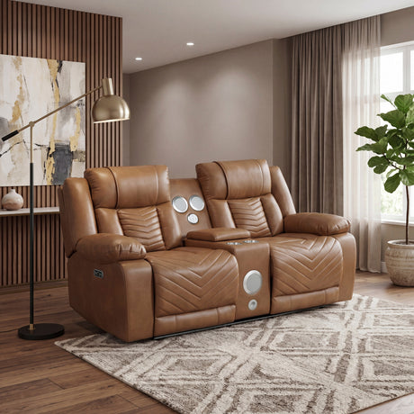 Huron Brown Power Double Reclining Loveseat with Center Console, Wireless Speakers, LED and Charging Ports by Homelegance at Eve Furniture