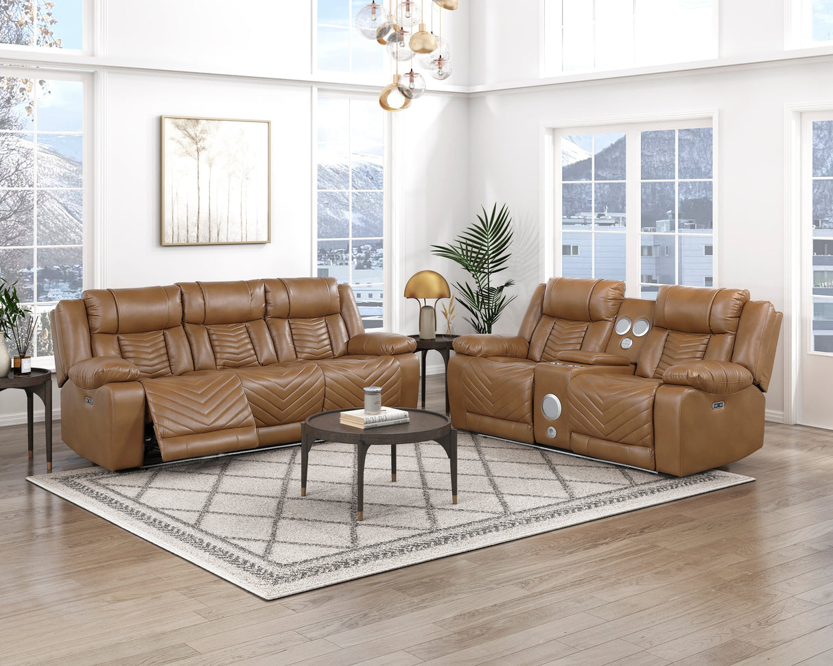 Huron Brown Power Double Reclining Loveseat with Center Console, Wireless Speakers, LED and Charging Ports by Homelegance at Eve Furniture