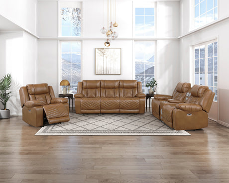 Huron Brown Power Double Reclining Loveseat with Center Console, Wireless Speakers, LED and Charging Ports by Homelegance at Eve Furniture