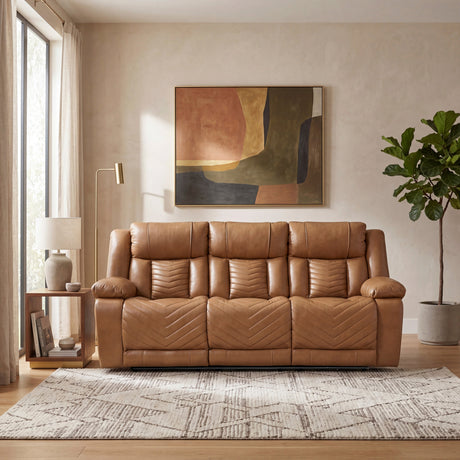 Huron Brown Power Double Reclining Sofa with Center Drop-Down Cup Holders, Wireless Charger, LED and Charging Ports by Homelegance at Eve Furniture