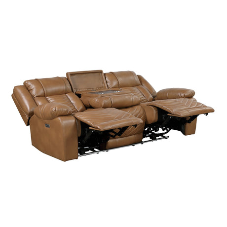 Huron Brown Power Double Reclining Sofa with Center Drop-Down Cup Holders, Wireless Charger, LED and Charging Ports by Homelegance at Eve Furniture