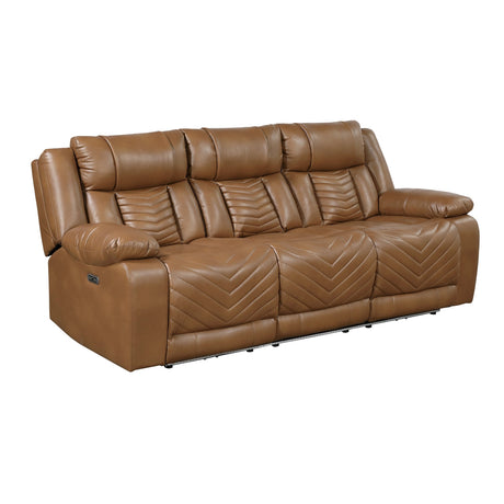 Huron Brown Power Double Reclining Sofa with Center Drop-Down Cup Holders, Wireless Charger, LED and Charging Ports by Homelegance at Eve Furniture