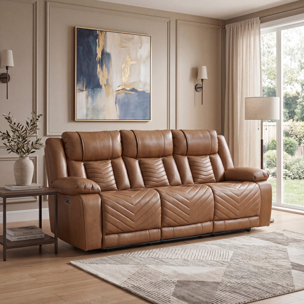 Huron Brown Power Double Reclining Sofa with Center Drop-Down Cup Holders, Wireless Charger, LED and Charging Ports by Homelegance at Eve Furniture