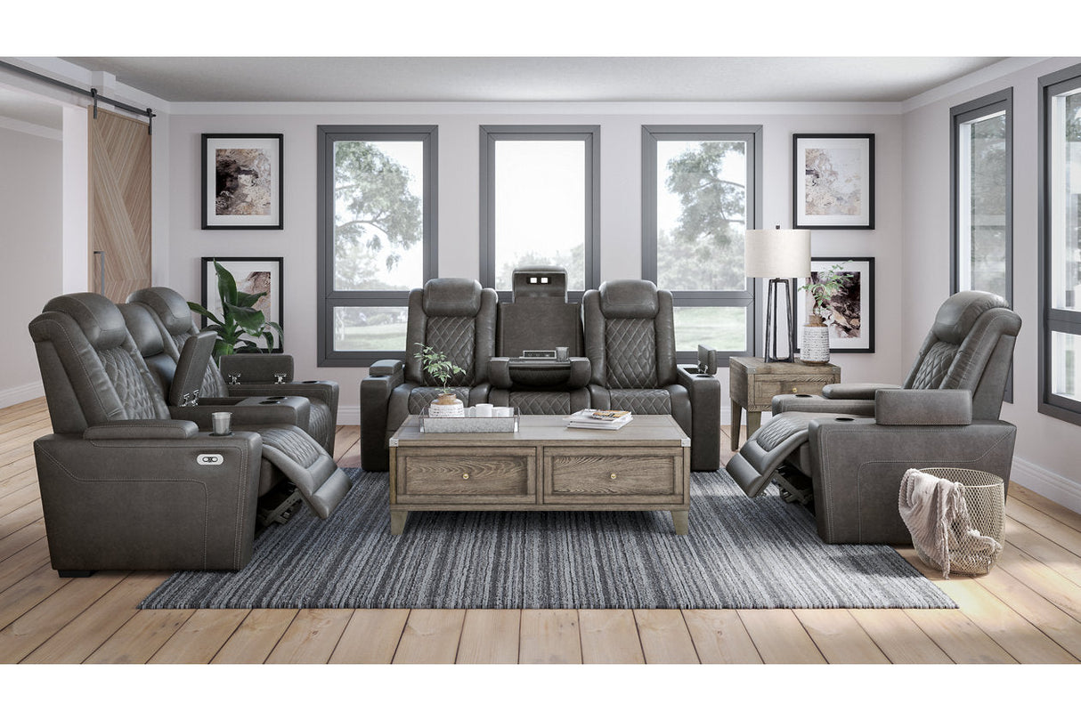 HyllMont Gray Power Reclining Sofa, Loveseat and Recliner