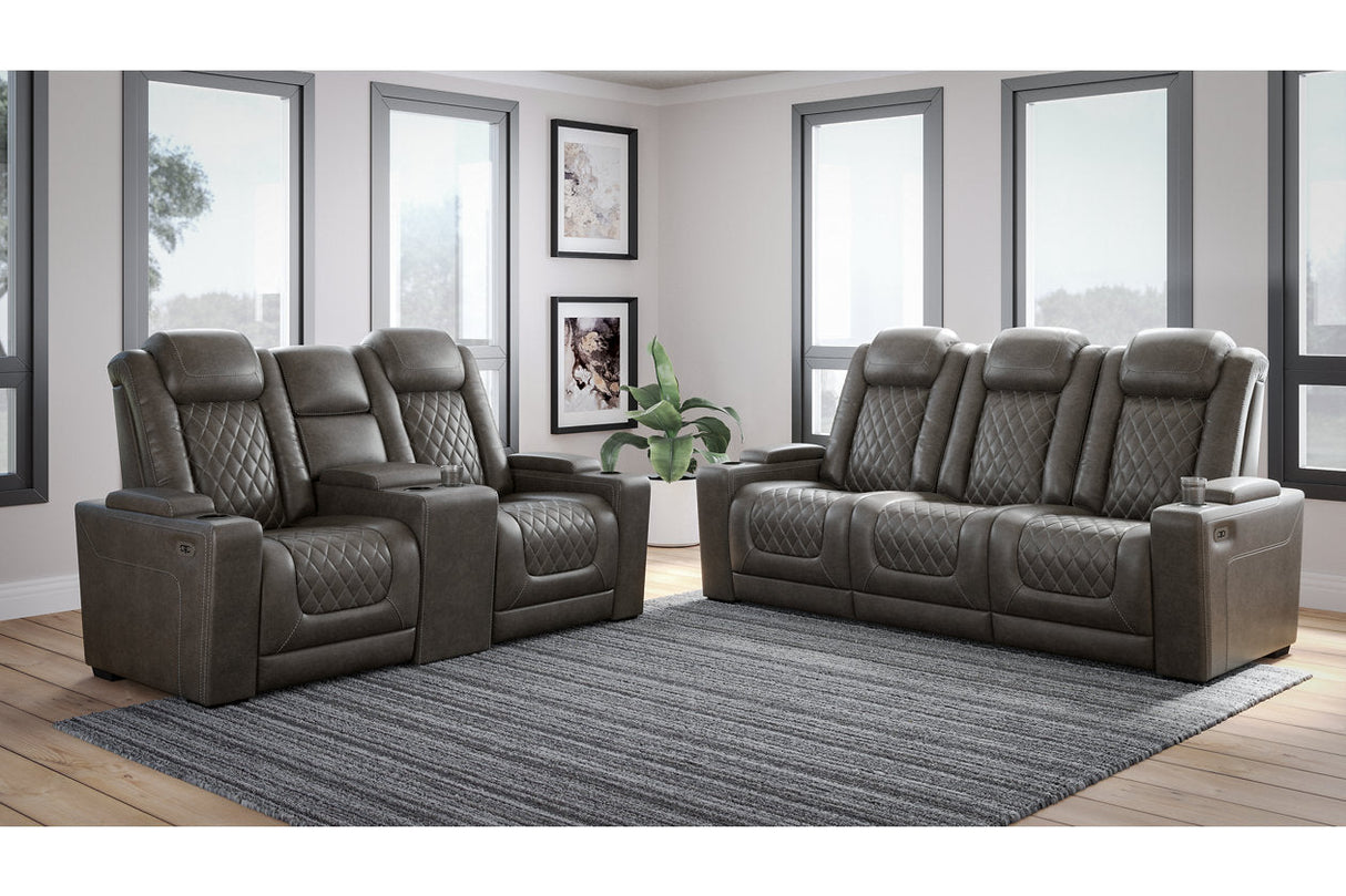 HyllMont Gray Power Reclining Sofa and Loveseat