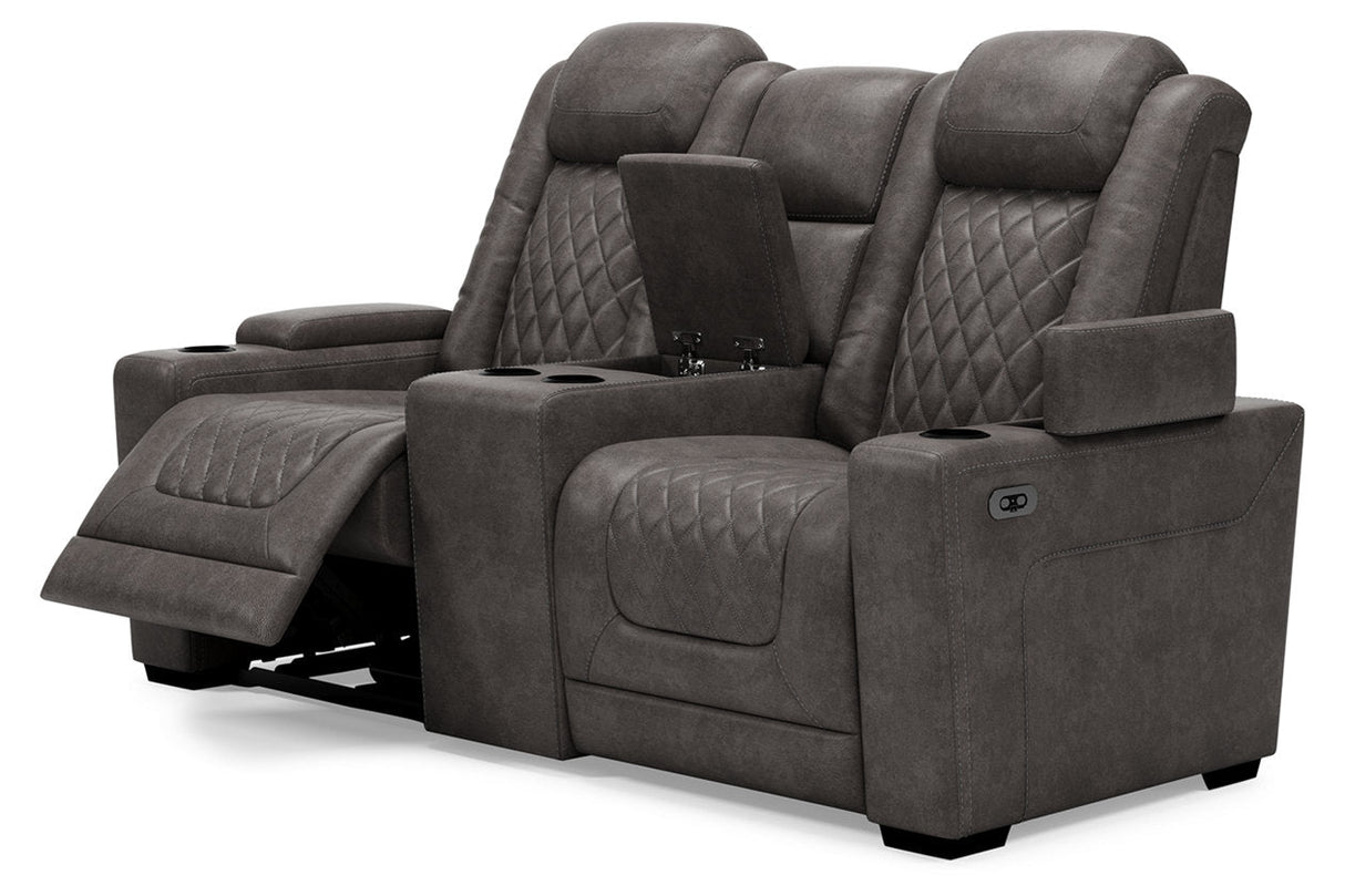 HyllMont Gray Power Reclining Loveseat with Console