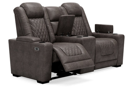 HyllMont Gray Power Reclining Loveseat with Console