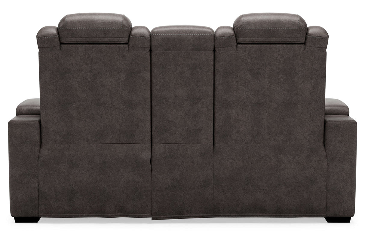 HyllMont Gray Power Reclining Loveseat with Console