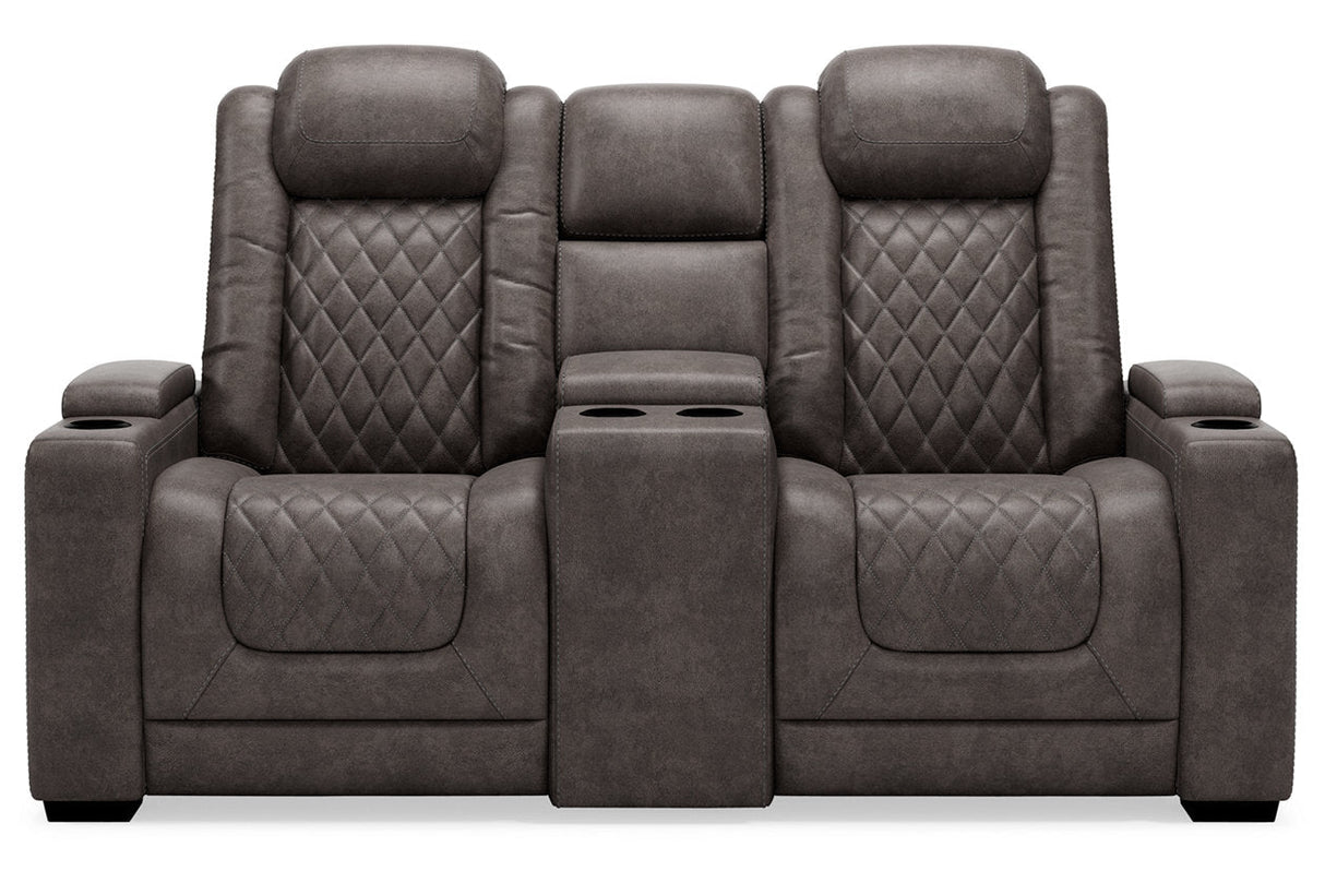 HyllMont Gray Power Reclining Loveseat with Console