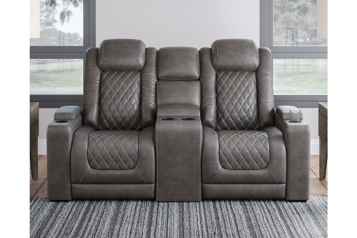 HyllMont Gray Power Reclining Loveseat with Console