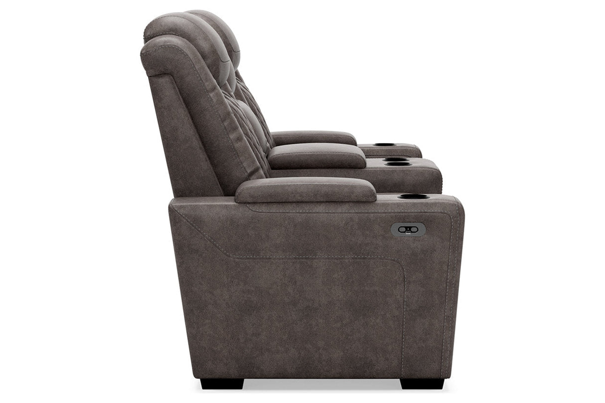 HyllMont Gray Power Reclining Loveseat with Console