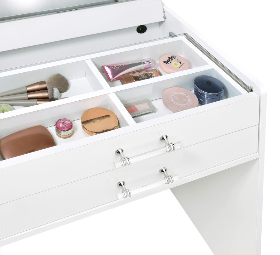 Danbury White High Gloss 3-drawer Makeup Vanity & Stool Set
