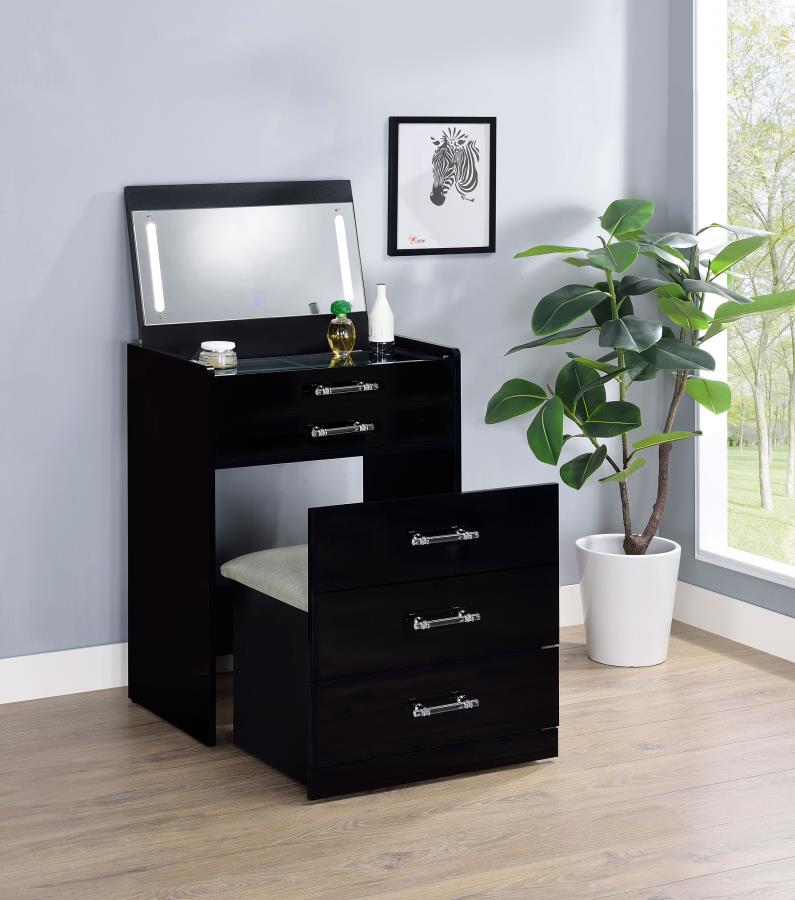 Danbury Black High Gloss 3-drawer Makeup Vanity & Stool Set