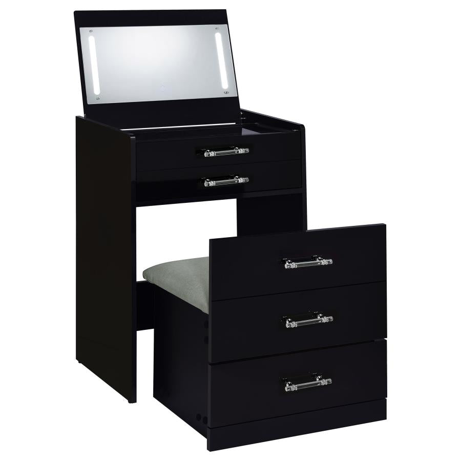 Danbury Black High Gloss 3-drawer Makeup Vanity & Stool Set