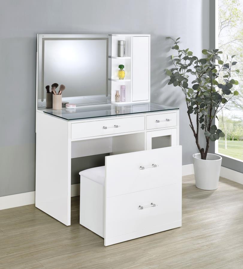 Flora White High Gloss 2-drawer Vanity Set with LED Mirror