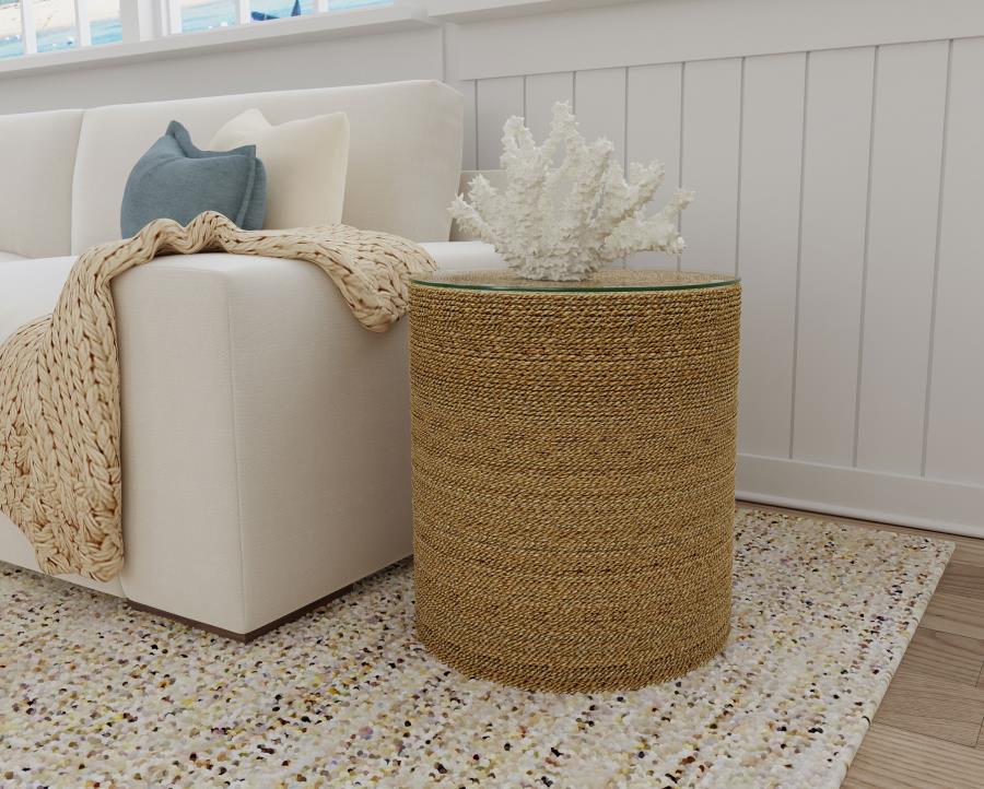 Halden Light Brown Round Woven Seagrass Accent Side Table