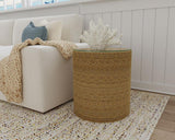 Halden Light Brown Round Woven Seagrass Accent Side Table