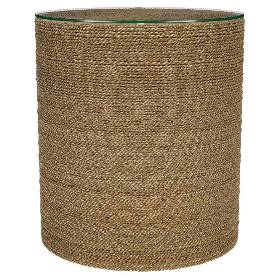 Halden Light Brown Round Woven Seagrass Accent Side Table