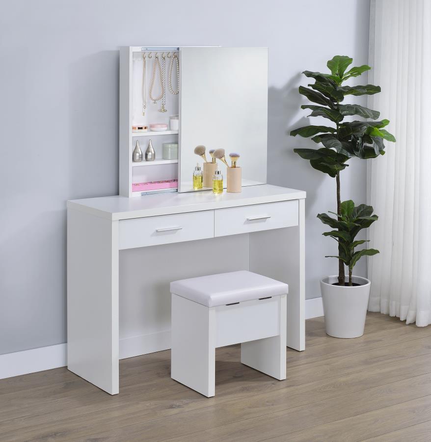 Bunbury White Makeup Vanity Table Set Storage Mirror and Stool