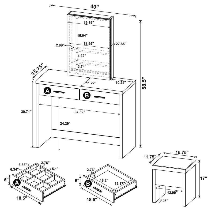 Bunbury White Makeup Vanity Table Set Storage Mirror and Stool