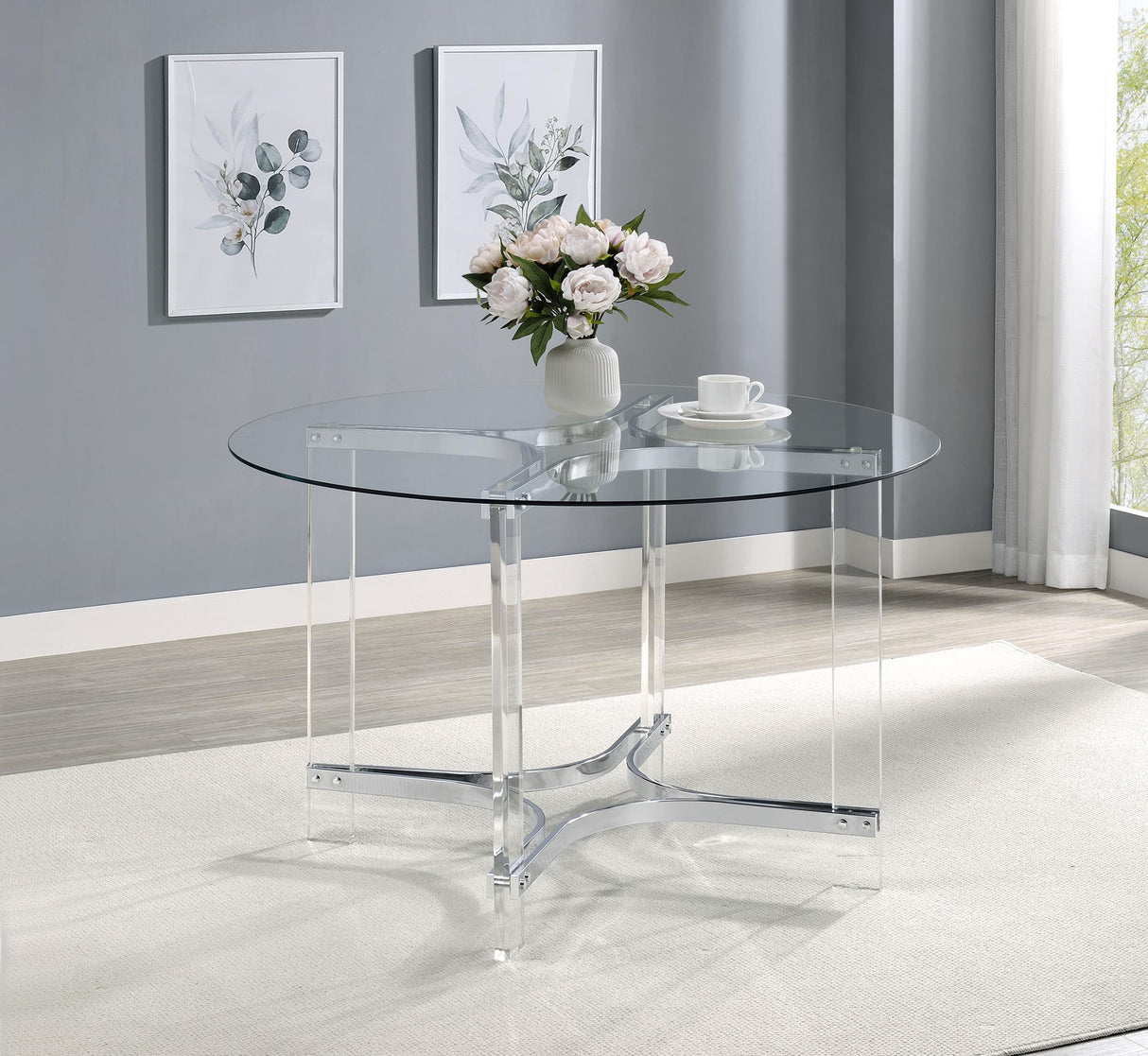 Adino Chrome 47-inch Round Glass Top Acrylic Dining Table by Coaster at Eve Furniture