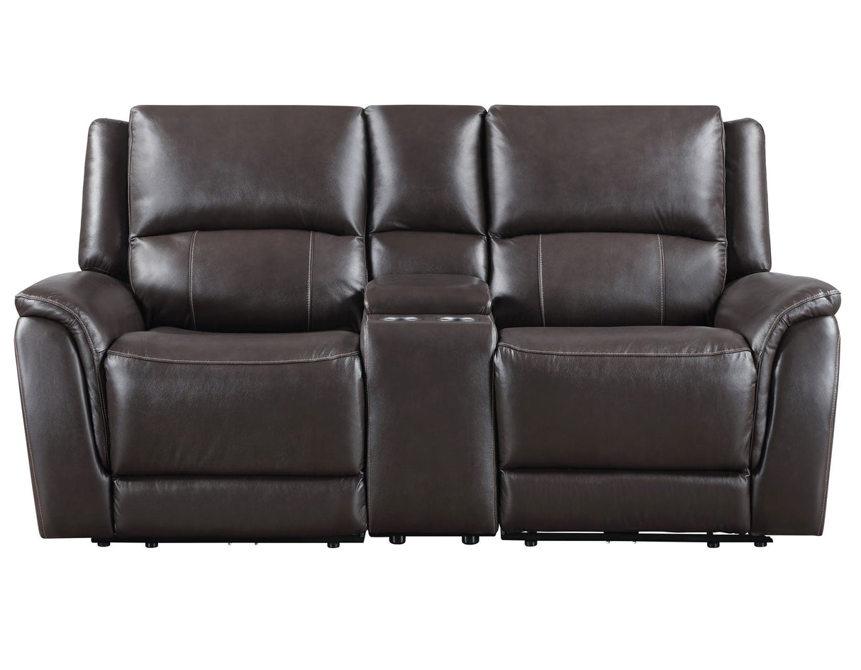 Alexandria Chocolate Top-Grain Leather Power Reclining Console Loveseat by Steve Silver at Eve Furniture
