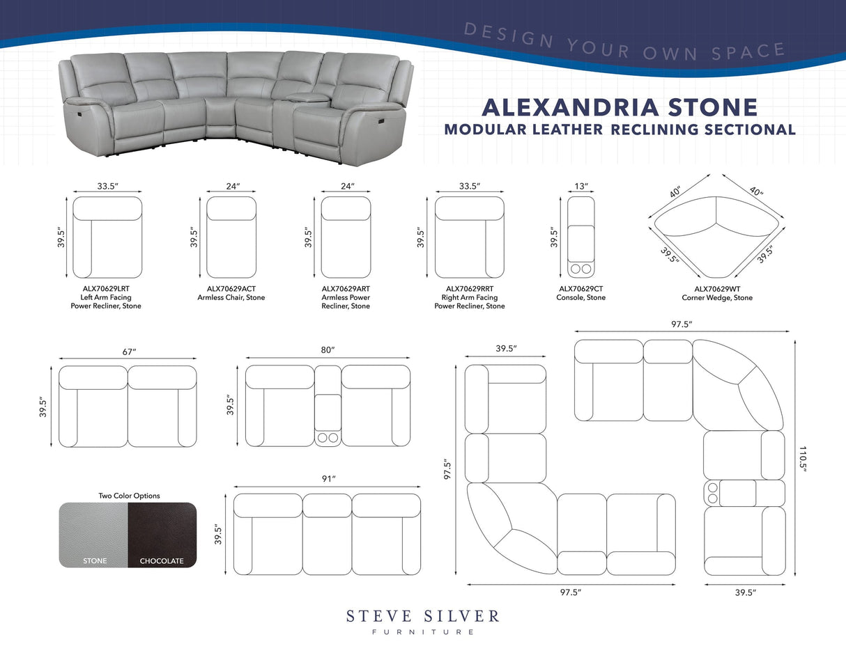 Alexandria Stone Top-Grain Leather 6-Piece Power Reclining Set by Steve Silver at Eve Furniture