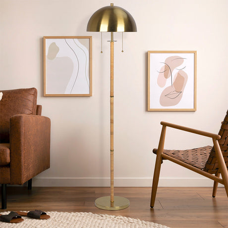 Allure 2-Light Floor Lamp, Gold Brass, Natural Rattan Tube , Double On/Off Pull Chain by Ashcroft Imports at Eve Furniture
