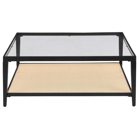 Amherst Black Glass Top Metal Coffee Table with Cane Shelf by Coaster at Eve Furniture