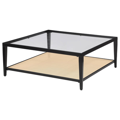 Amherst Black Glass Top Metal Coffee Table with Cane Shelf by Coaster at Eve Furniture