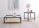 Amherst Black Glass Top Metal Coffee Table with Cane Shelf by Coaster at Eve Furniture