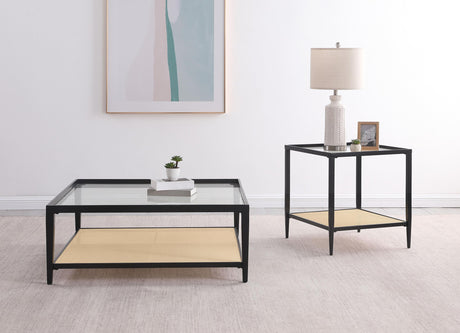Amherst Black Glass Top Metal Coffee Table with Cane Shelf by Coaster at Eve Furniture