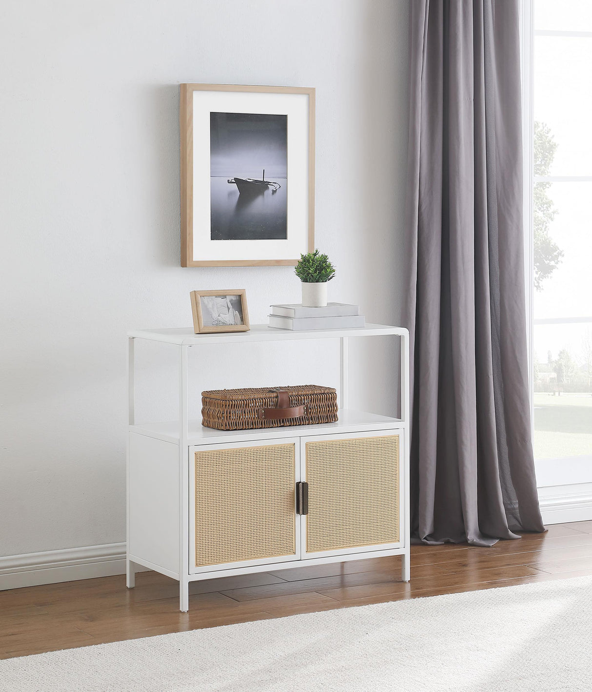 Amherst White 2-Door Radio Weave Cane Metal Accent Cabinet by Coaster at Eve Furniture