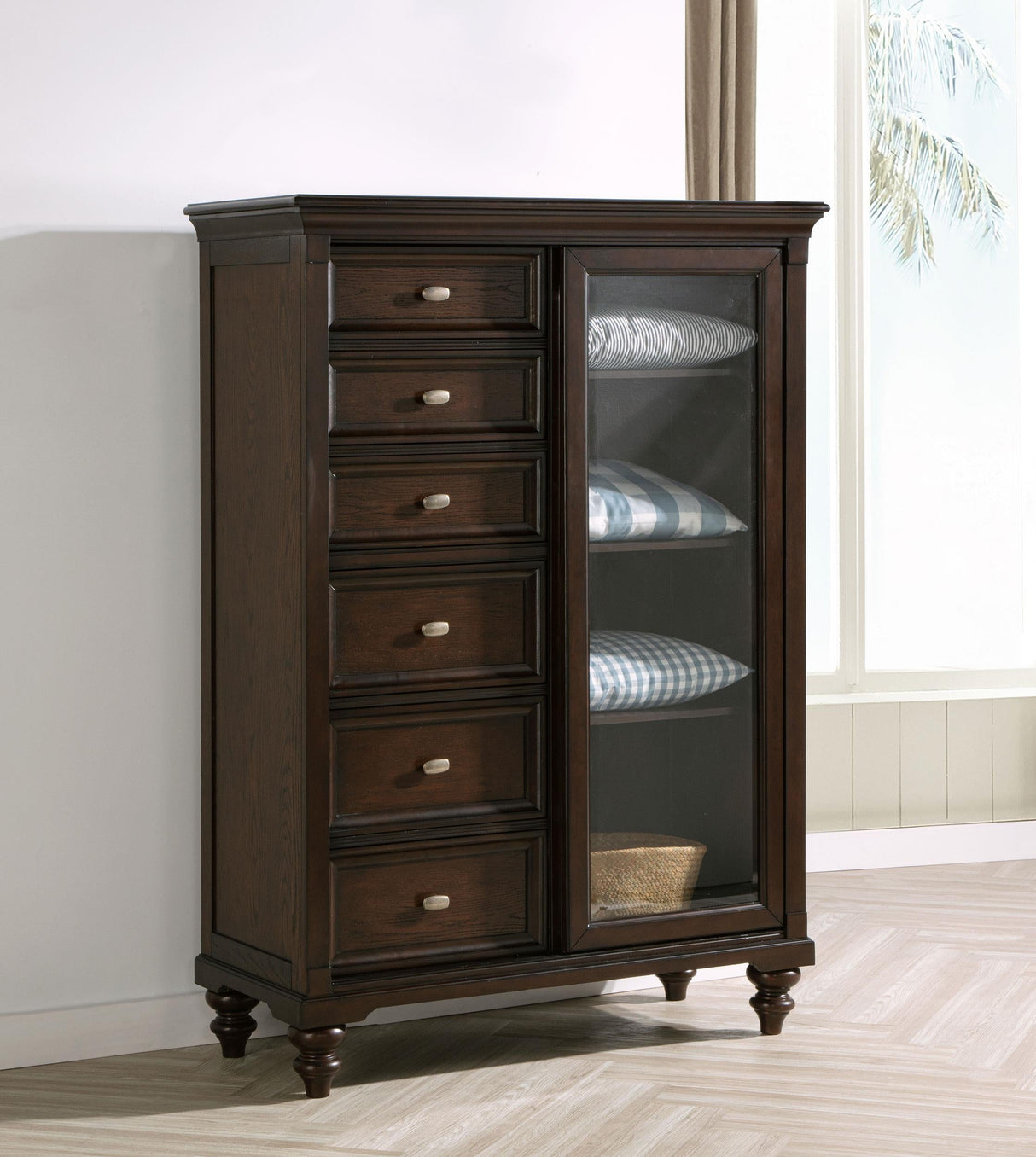 Andover Dark Oak 6-Drawer Tempered Glass Door Chest by Coaster at Eve Furniture
