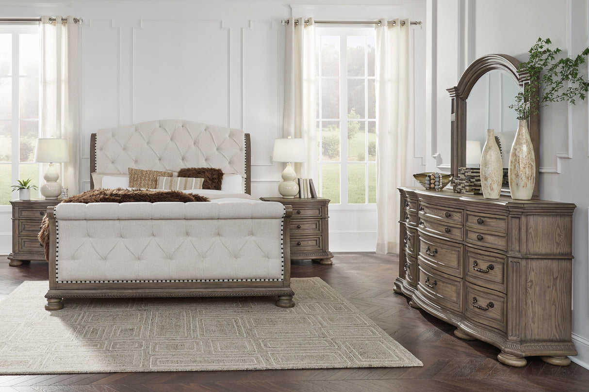 Ardenfield Light Brown Upholstered Sleigh Bedroom Set by Ashley at Eve Furniture