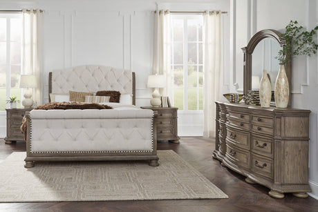 Ardenfield Light Brown Upholstered Sleigh Bedroom Set by Ashley at Eve Furniture