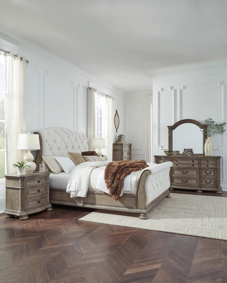 Ardenfield Light Brown Upholstered Sleigh Bedroom Set by Ashley at Eve Furniture