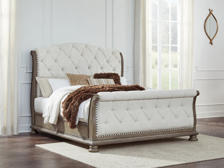 Ardenfield Light Brown Upholstered Sleigh Bedroom Set by Ashley at Eve Furniture