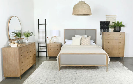 Arini Sand Wash/Grey 5-Piece Upholstered Eastern King Bedroom Set by Coaster at Eve Furniture