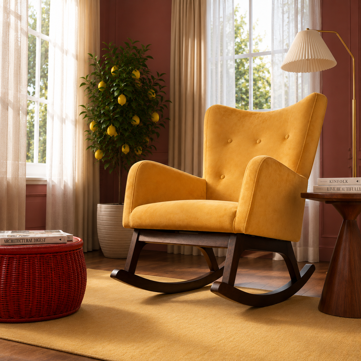 Alistair Yellow Velvet Rocking Chair by Ashcroft Furniture at Eve Furniture