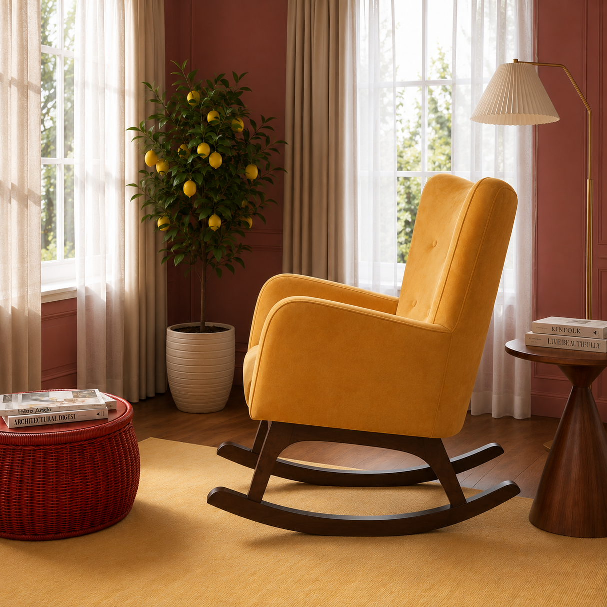 Alistair Yellow Velvet Rocking Chair by Ashcroft Furniture at Eve Furniture